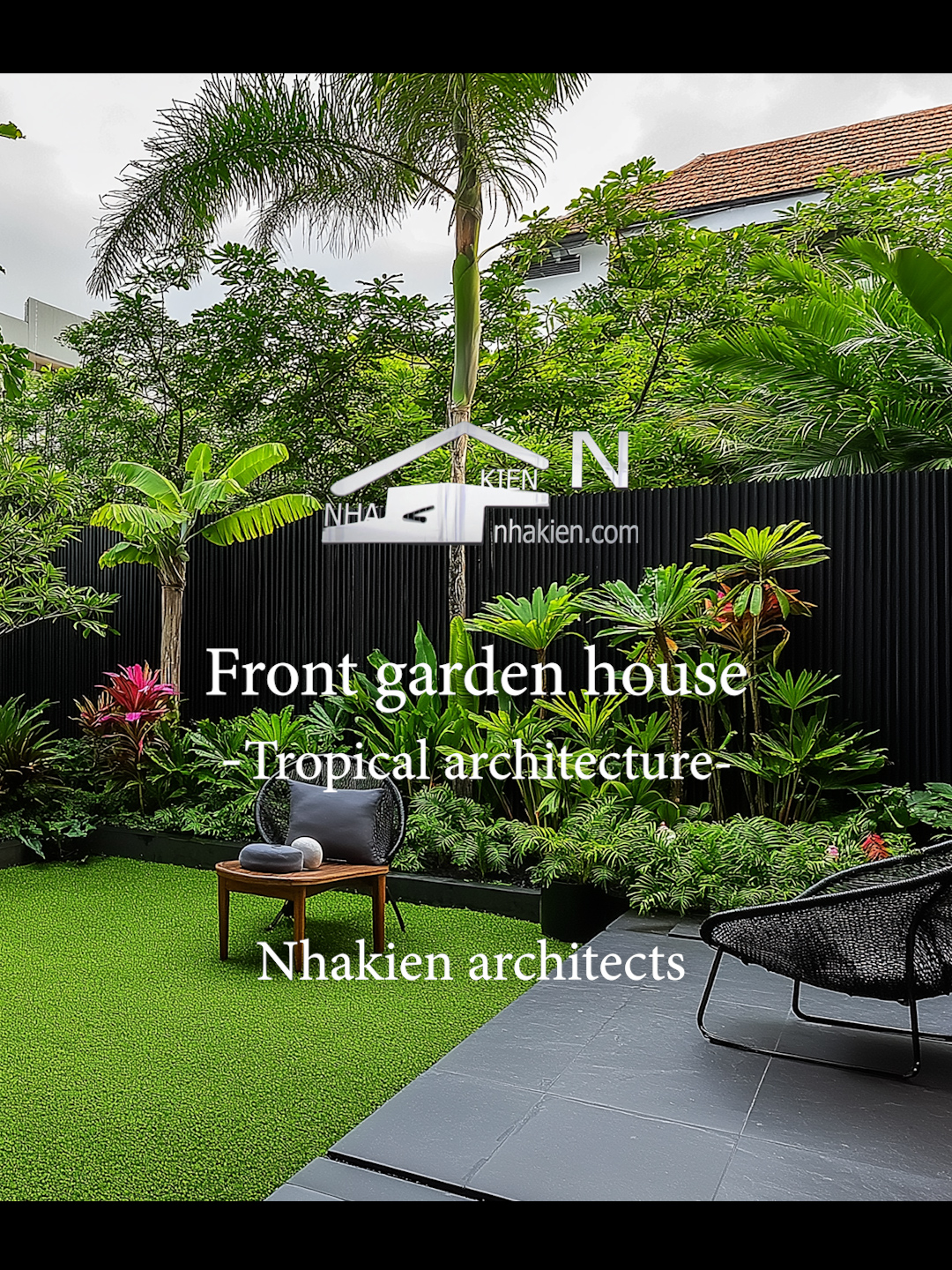 Front garden small house design with tropical  styles- Nhakien house #frontgarden #gardenhouse #tropicalhouse #modernhouse #minimalisthome #nhanhietdoi #nhadep #thodoan #nhakienhouse #nhavuondep #outdoorlivingspace #maunhadep #minimalisthouse #exterior #smallhouse #blackgarden #nhavuon #sansau #sanvuon