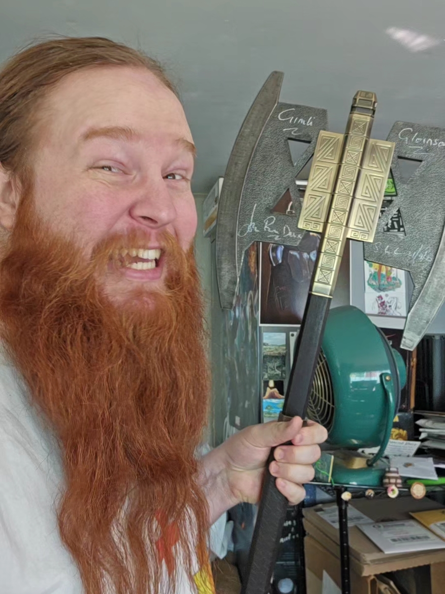 #stitch with @Groatum Geeks Out I got to meet John Rhys-Davies at @FanX Comic Conventions in 2023 and he signed ALL 3 of my United Cutlery axes 🪓 #lotr #gimli #battleaxe #lordoftherings 