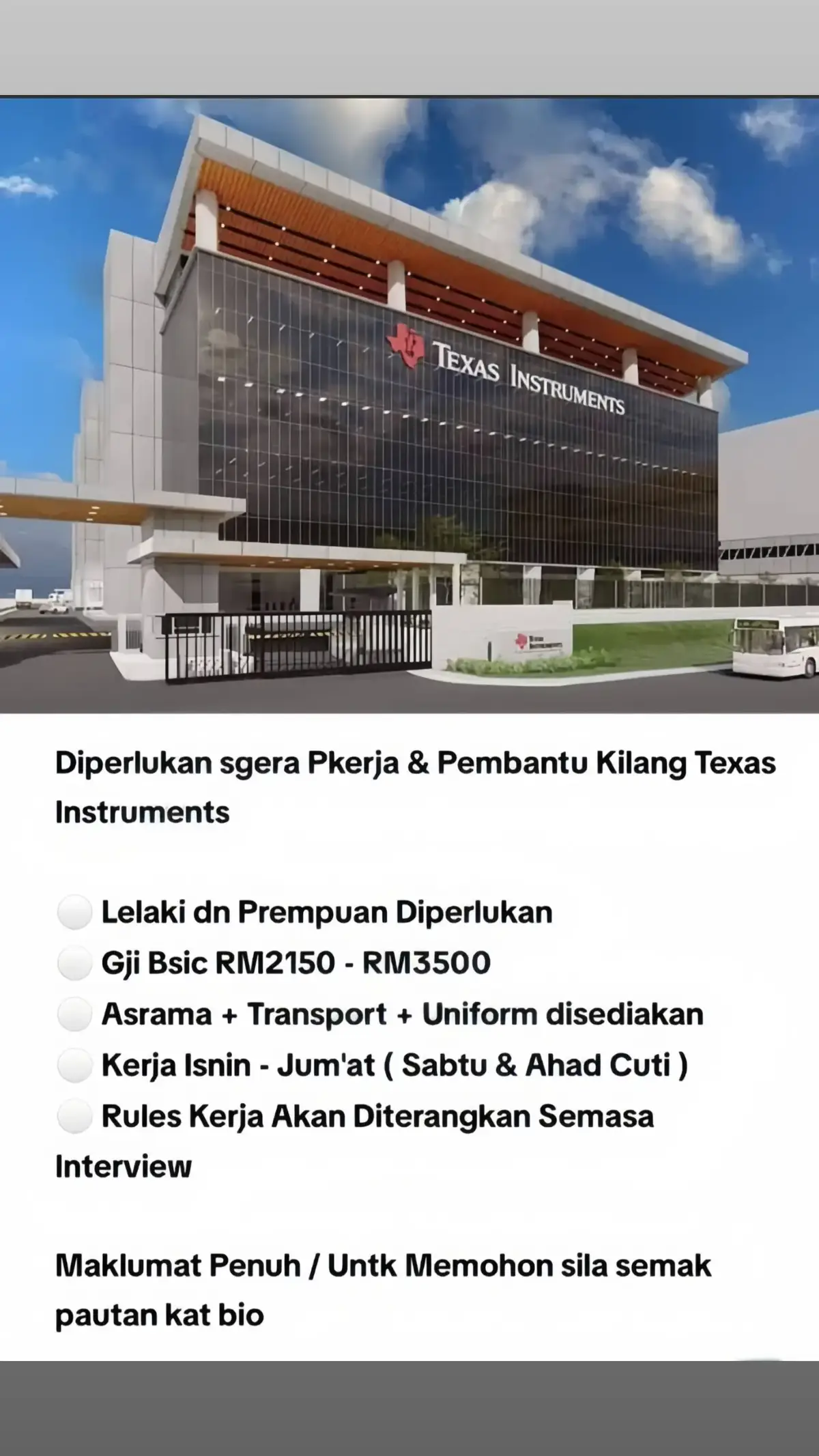 •Lelaki dn Prempuan Diperlukan •Gji Bsic RM2150 - RM3500 •Asrama + Transport + Uniform disediakan •Kerja Isnin - Jum'at (Sabtu & Ahad Cuti) •Rules Kerja Akan Diterangkan Semasa Interview Maklumat Penuh / Untk Memohon sila semak pautan kat bio #fyp #fypviral #beritatiktok #kerjakosong #fypmalaysia #fypmalaysia #fypmalaysia #tiktokmalaysia #malaysia #jawatankosong2024 #jawatankosongmalaysia #jawatankosongterkini #malaysiamadani 