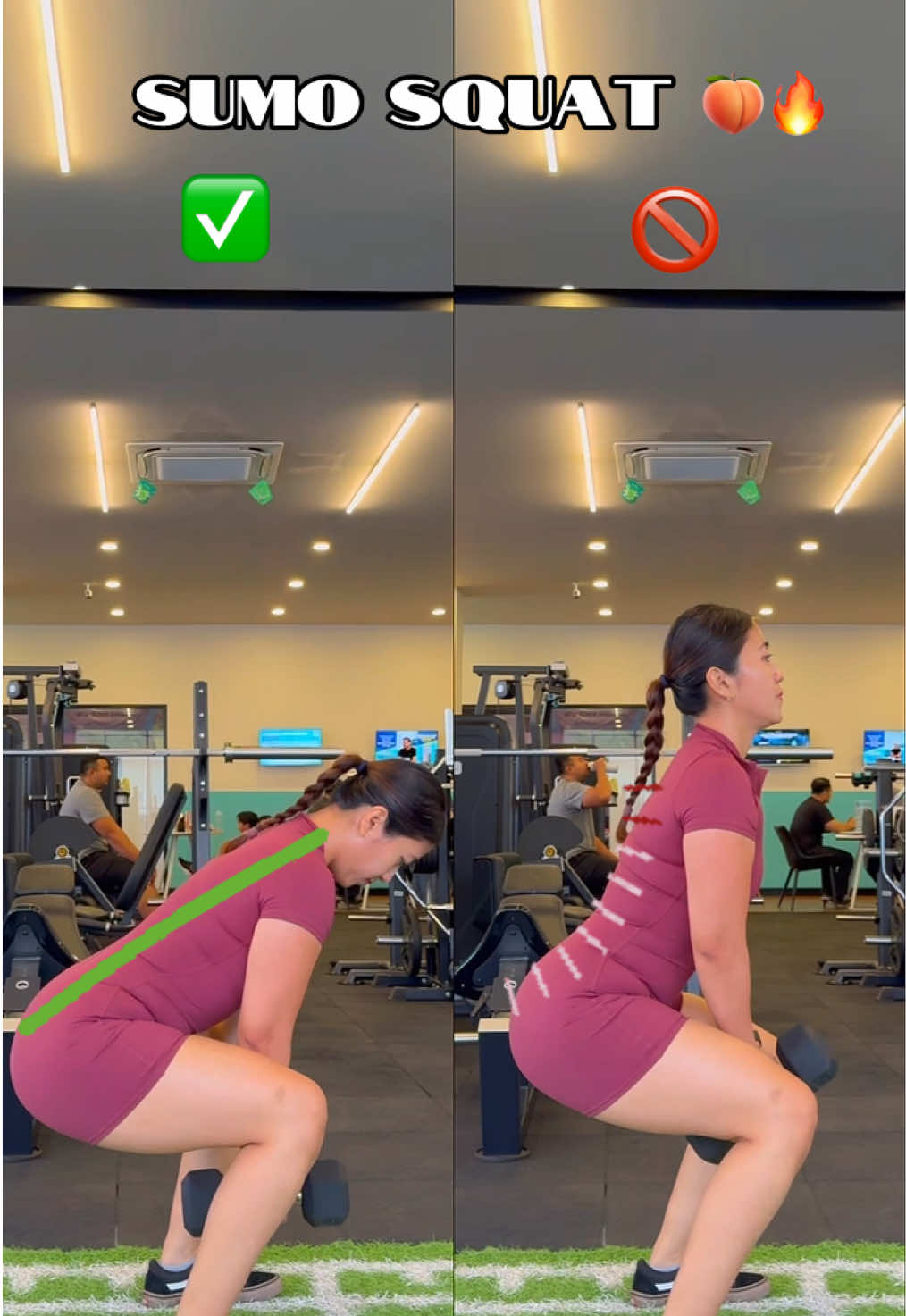 Sumo Squat melatih otot bokong.. ✅ Posisi badan agak codong ke depan ✅ Wkt jongkok,lutut di buka sedikit melebihi bahu 🚫 Posisi badan rounding kebelakang 🚫 Wkt jongkok lutut di tekuk ke dalam #gym #GymTok #pemulagym #gympemula #gymtutorial #fyp #fypage #tutorialgym #squat  #CapCut 