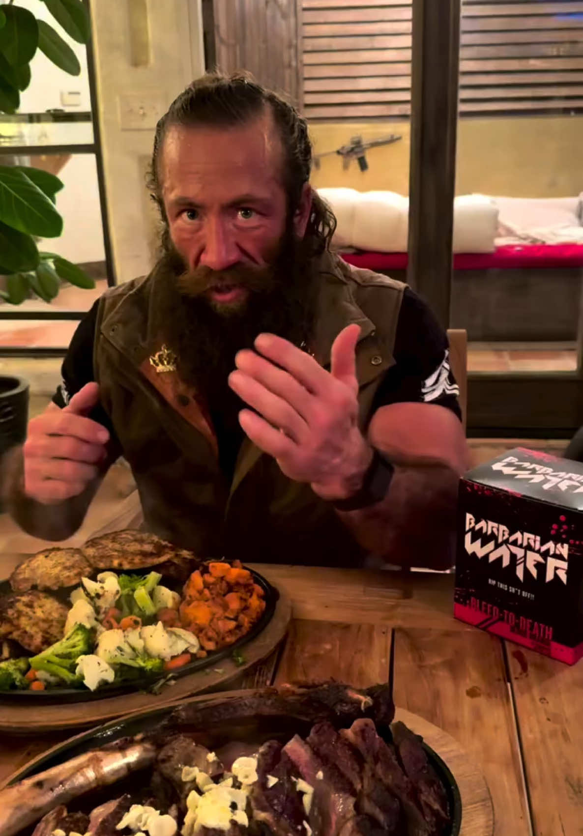 Sharing a warm omnivorous meal w/ my family (heavy on the alpha cuts)⚔️👊…  Bone-in testicle and liver salad (w/ “Special” susta sauce). Seriously tho, mouth watering buttermilk steaks from LK Ranch… from Brother Bull… from that one day where we shared his last breath, ate his warm testicles, and in the most loving way, we field butchered him w utter gratitude 🙏  About the chicken, not sure if they’re from our backyard but crispy outside /moist AF inside made w dark thighs, drumsticks (marrow and all), some primal veggies 👌# I don’t eat stuff that’s not local, not in season… not from LK Ranch food forest, orchard and gardens (we have options). Barbarian Water w/ bull blood to wash it down. This single act of drinking blood around other men increases your testosterone (mines already past the limit). 🙏👊❤️⚡️ Family… warm meal… love… this be my fortune!