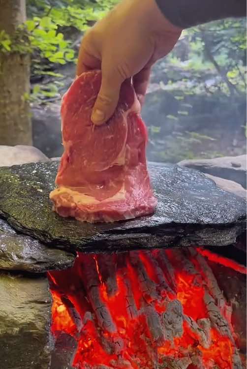 Steak on hot rocks in nature 🥩🪵🔥🌲🌨🏔 #outdoorcooking #cookingasmr #Recipe #leon #cookingnature #foodtiktok #camping #cooking #steak #beef 