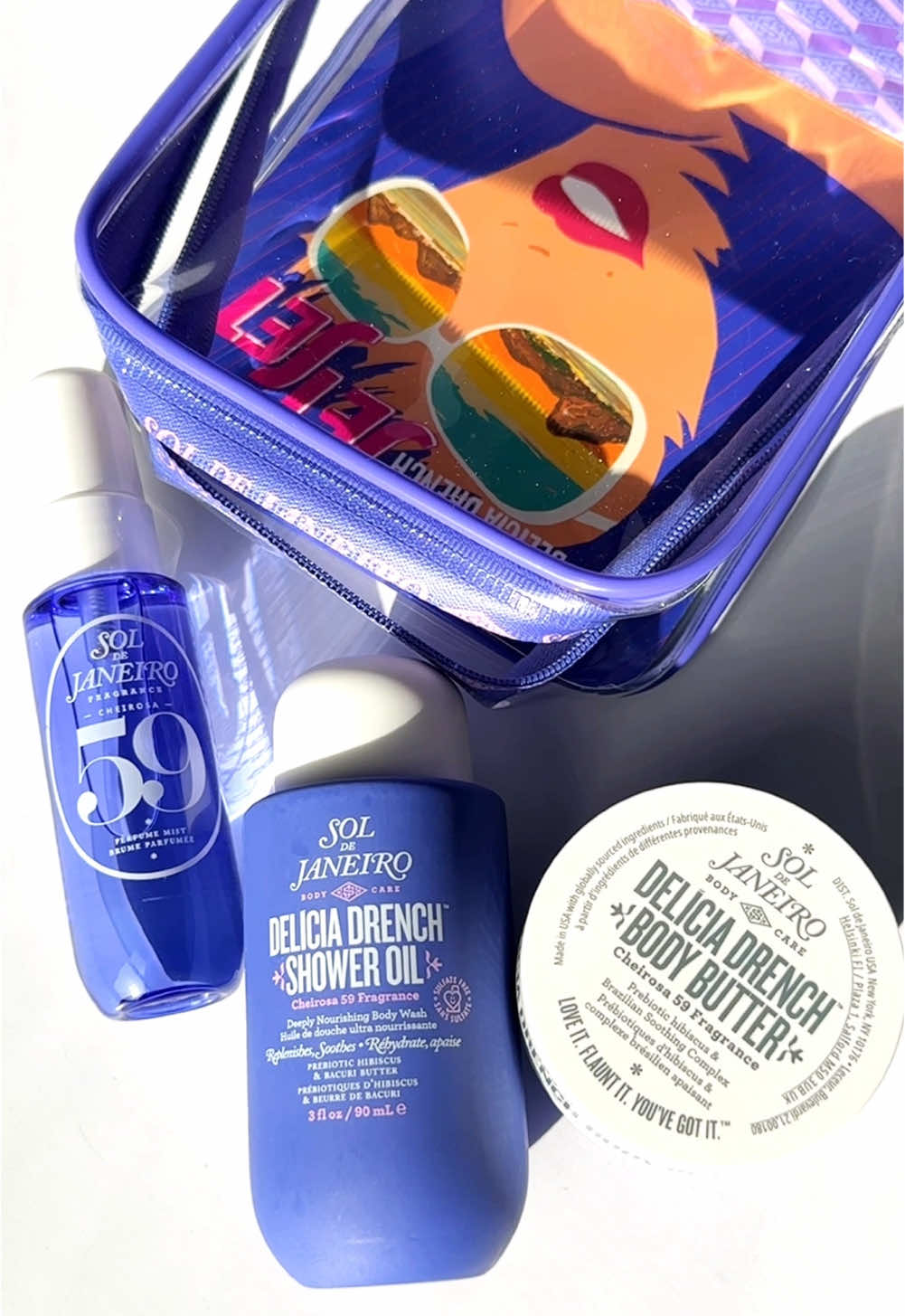 Gifted* @Sol de Janeiro just made a cute carry on ready set for the Delícia Drench Collection! 💙 Delícia Drench Jet Set Includes:  - Shower Oil (90 ml) - Cheirosa 59 Perfume Mist (30 ml) - Body Butter (50 ml) 💙 Delícia Drench Scent Profile-  Top: Velvet Plum, Sugared Violet  Middle: Vanilla Orchid, Whipped Amber Base: Sheer Sandalwood, Fresh Vetiver  . . . . Sol de Janeiro 59 . . . . #soldejaneiro #soldejaneiro59 #perfumetiktok #fragrancetiktok #perfumetok #fragrancetok #deliciadrench #fragrances #scent #lotion   #creatorsearchinsights 