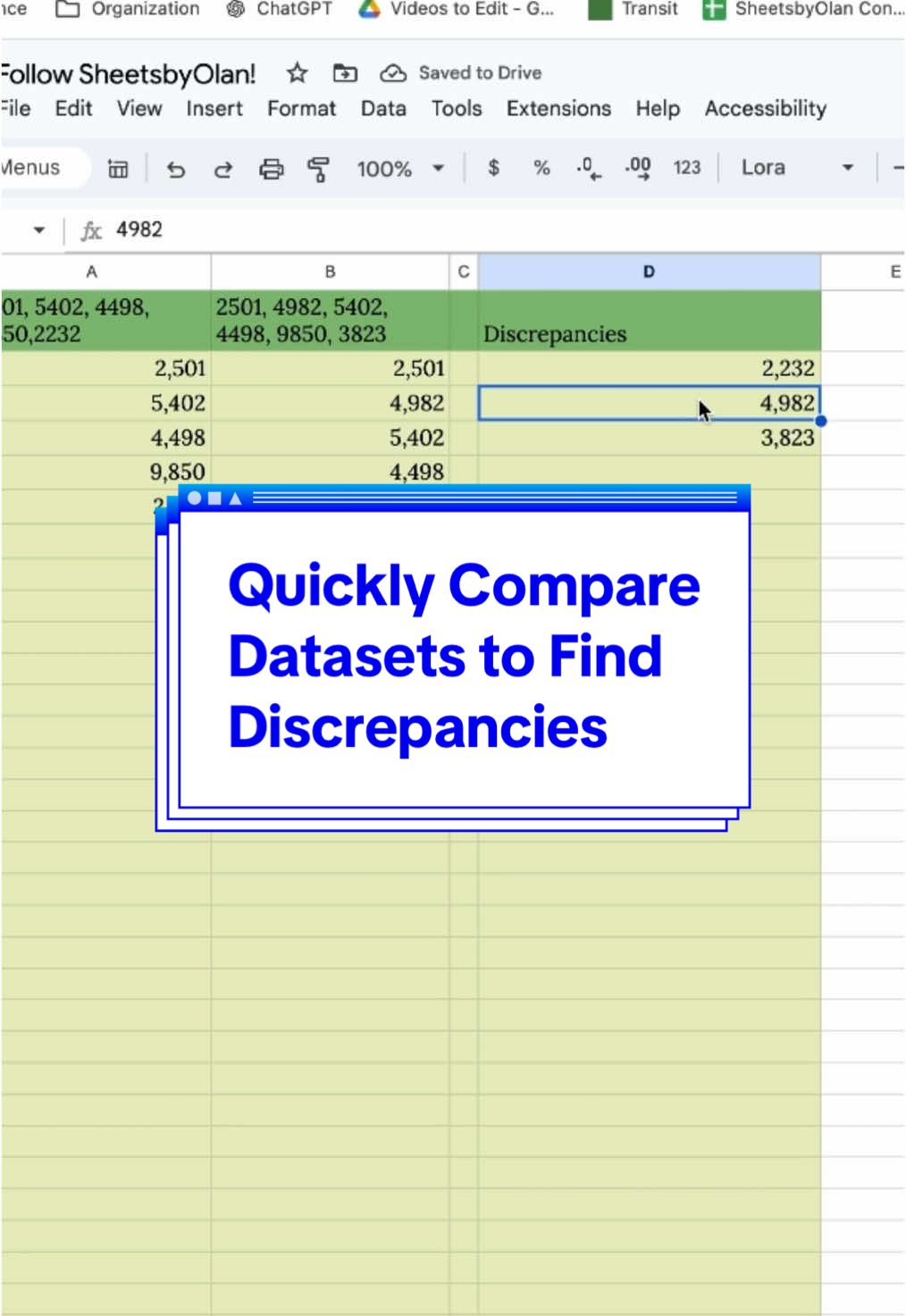 Being able to quickly identify discrepancies will come in handy more often than you know. Here’s an example of how to do this when the datasets are housed within a single cell. #googlesheets #excel #discrepancies #spreadsheettips 