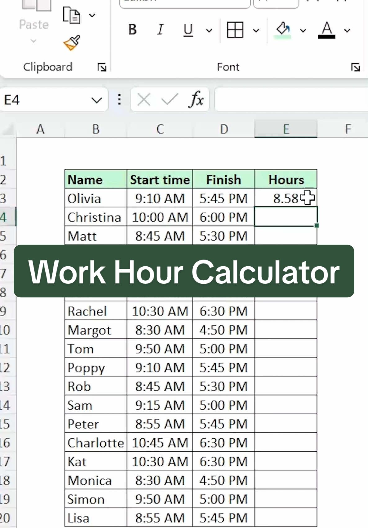 The easiest work hour calculator!🫶🏻 #exceltips #exceltricks #spreadsheet #workhacks #excelpro #excelvideos #exceldictionary #datacleaning #TikTokTaughtMe #excel #data #database #spreadsheets 