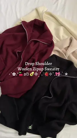 Drop Shoulder Woolen Zipup Sweater 𖧷₊˚˖𓍢ִ🍓✧˚.🎀༘⋆ﾟ＊ #fyp #fypシ゚ #fypage #winteressentials #winterfashion #dropshoulder #woolensweater #zipupsweater #trendy #fashion 