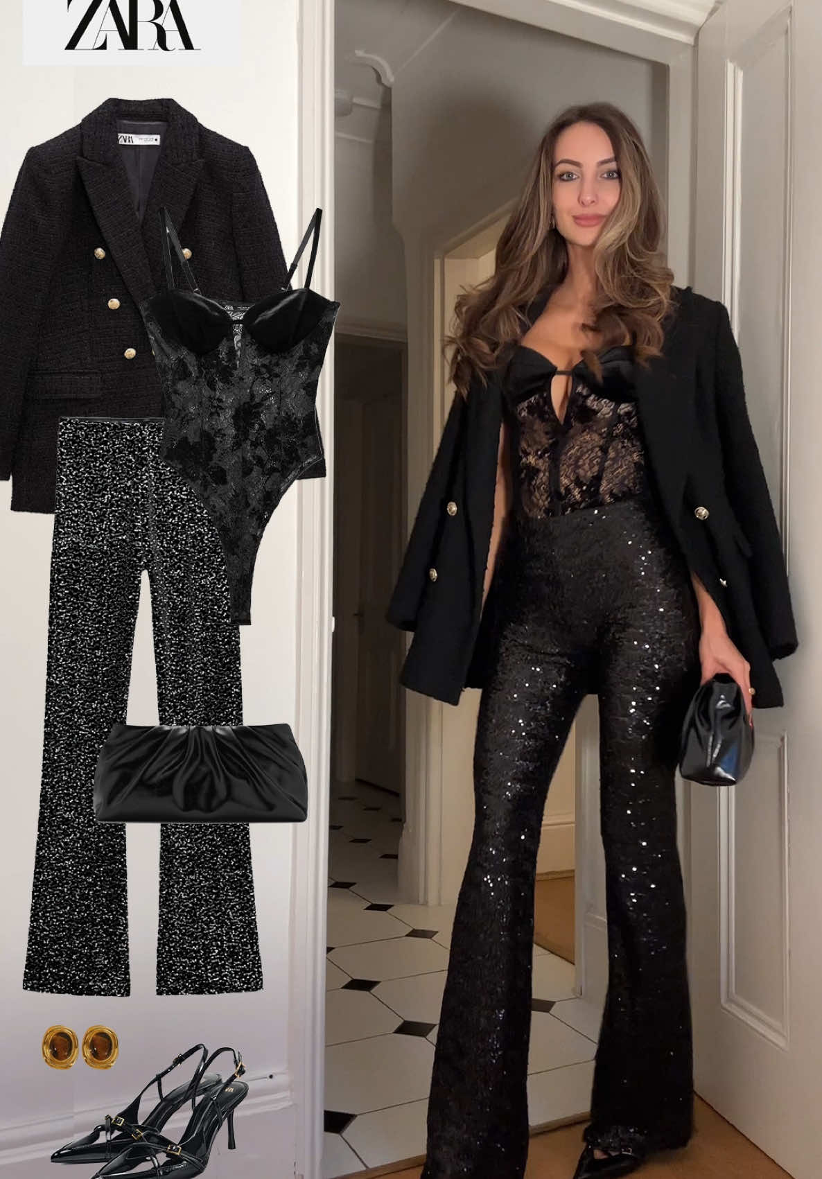 Sequin & lace 🖤✨ #outfitinspiration #frenchgirl #frenchgirlstyle #outfits #oldmoneyoutfits #partyoutfit #winterlooks #partylook #christmas #partylooks #christmasoutfit #outfitinspo #sequin #zara #christmasparty 