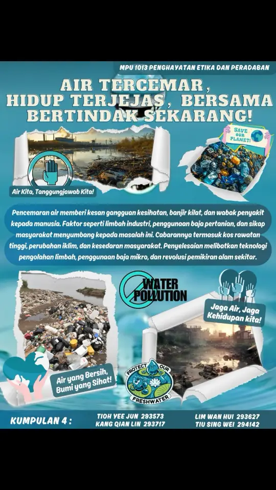 Tema: Pencemaran air yang semakin serius akan menjejaskan kehidupan harian kita. Air Bersih, Hidup sihat. Mari sama-sama Jaga alam, Jaga masa depan kita #apakah faktor pencemaran air? #apakah kesan pencemaran air kepada kita? #Apakah cabaran pencemaran air kepada kita? #Apakah cara penyelesaian?