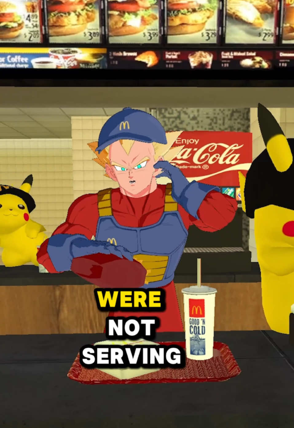 Goku vs Vegeta BUT its at McDonalds AGAIN! 😂 Thought I’d remake this with Goku and Vegeta’s AI voices #goku #vegeta #dragonball #dbs #dbz #pikachu #mcdonalds #anime #vr #vrchat #virtualreality #dragonballz 