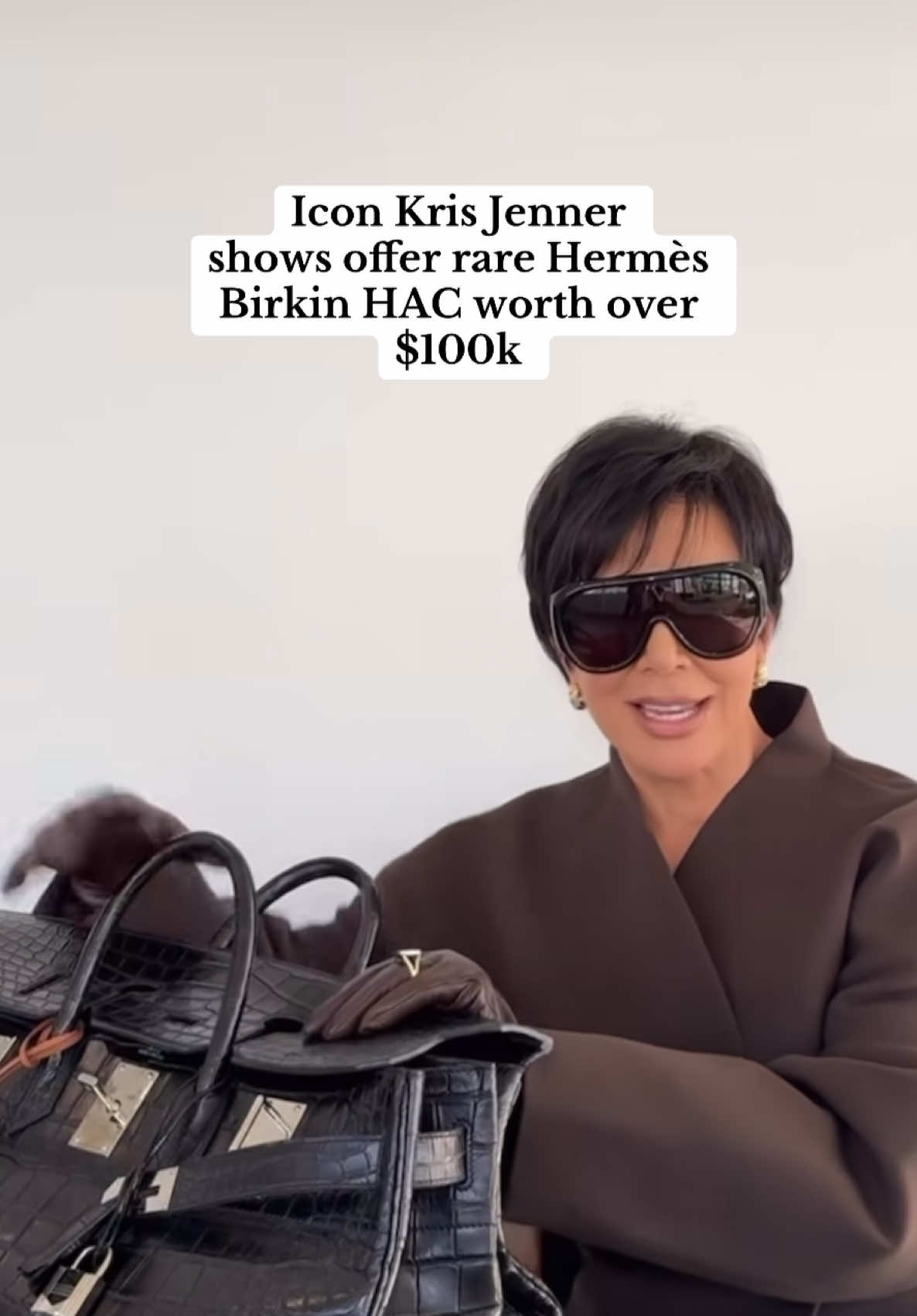 Kris Jenner shows off her iconic Hermes Birkin HAC in Black Matte Crocodile with Palladium Hardware - resale value is over $100k! 🖤 #krisjenner #birkinbag #krisjennerbirkin #rarebirkin #birkinhac #hermesbirkin #hermeshac #rarehermesbag 