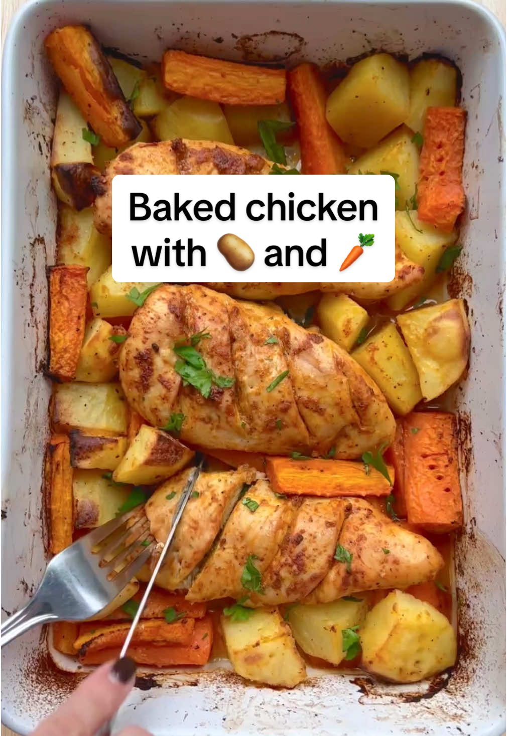 Baked Chicken with potatoes and Carrots  Serves:3-4  Ingredients for chicken  3-4 chicken Breast  1 tsp salt  1 tbsp lemon pepper  1 tbsp yellow mustard  1 tsp onion powder  1 tsp paprika  1 tbsp olive oil  Ingredients for veggies  2 medium potatoes (I used Yukon Gold) 1 large carrot or 2 medium  1 tbsp lemon juice or half lemon  1 tbsp olive oil  1 tbsp garlic powder ( you can use fresh garlic)  1/2 tsp paprika  Salt and paper  Instructions  1- Preheat oven to 400F 2- Season chicken breast with the chicken seasoning and set aside  3- Add the potatoes and carrots to a baking dish. Season and mix to combine.  2- Place the seasoned chicken in the dish with the potatoes and carrots.  3- Bake for 30-35 minutes or until the internal temperature of chicken breast reads 165F 4- Garnish with fresh Parsley. Serve and enjoy.  Note: * if you have a large dish you can fit 4 chicken breasts  * Slice the top of the chicken breast so it cooks quicker and thoroughly * Please keep in mind, all ovens vary. Mine needed 35 minutes. It may need anywhere between 30-40 minutes depending on the thickness of the chicken breast and your oven . * If you want to cover the dish for the first half of baking time you can. Then remove and let it bake without to brown