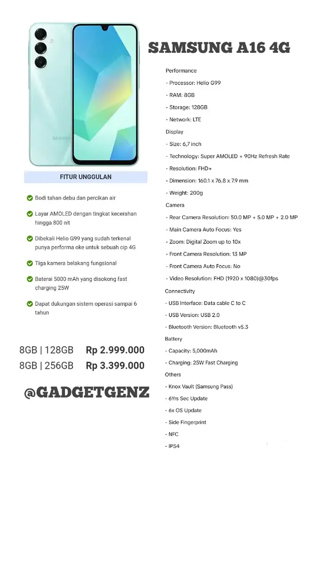 SPESIFIKASI SAMSUNG A16 4G #gadgetgenz #samsung #spesifikasi 