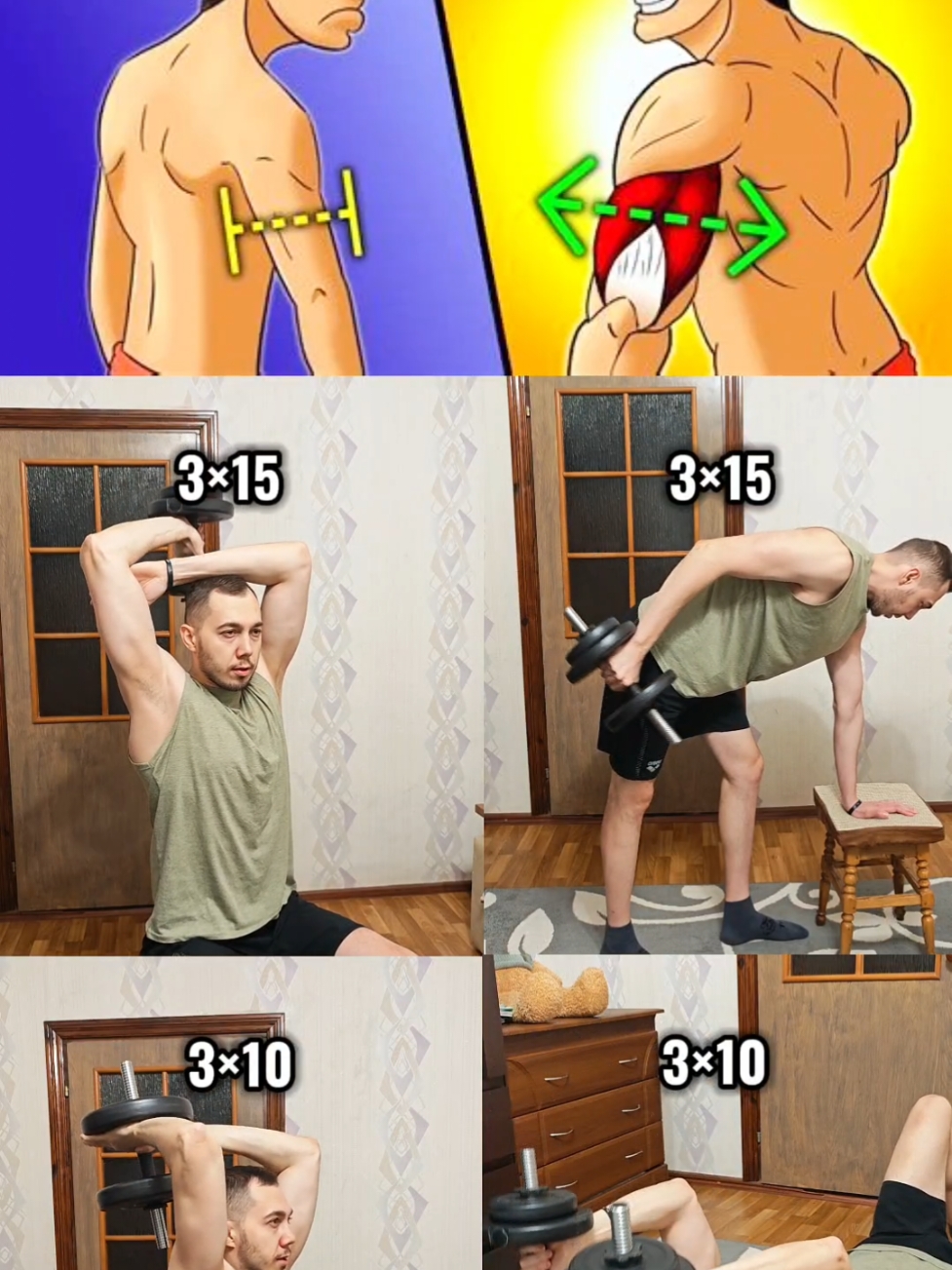 Упражнения на трицепс с гантелями🔥💪 #triceps #трицепс #workout #homeworkout #тренировкадома #motivation #workoutmotivation 