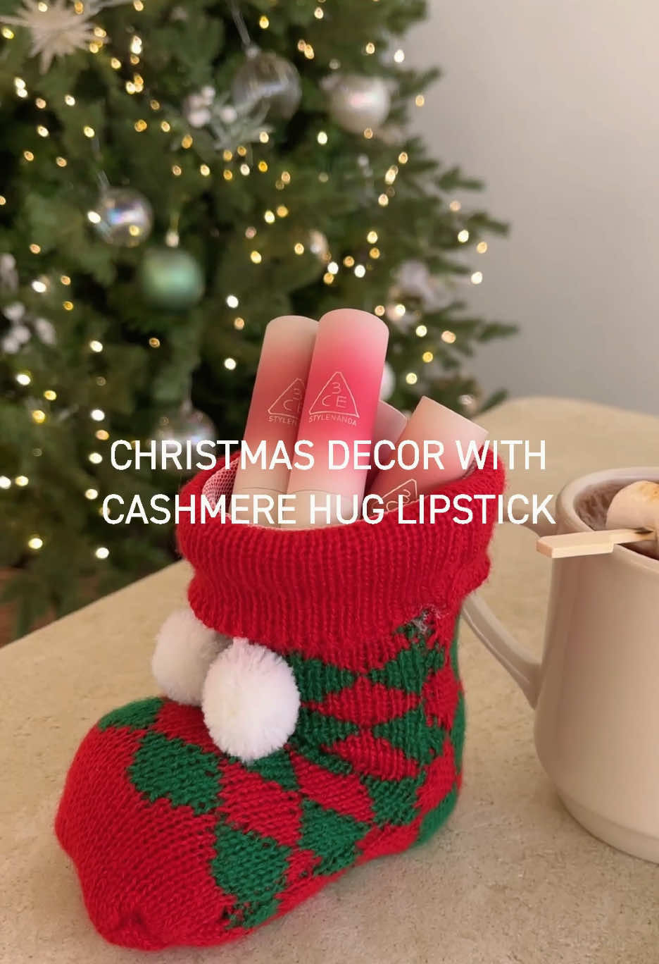 Christmas with 3CE be like…💄🎄  #3CE #3CELIP #CASHMEREHUGLIPSTICK #캐시미어허그립스틱 #XMAS #XMASDECOR #IDEA 