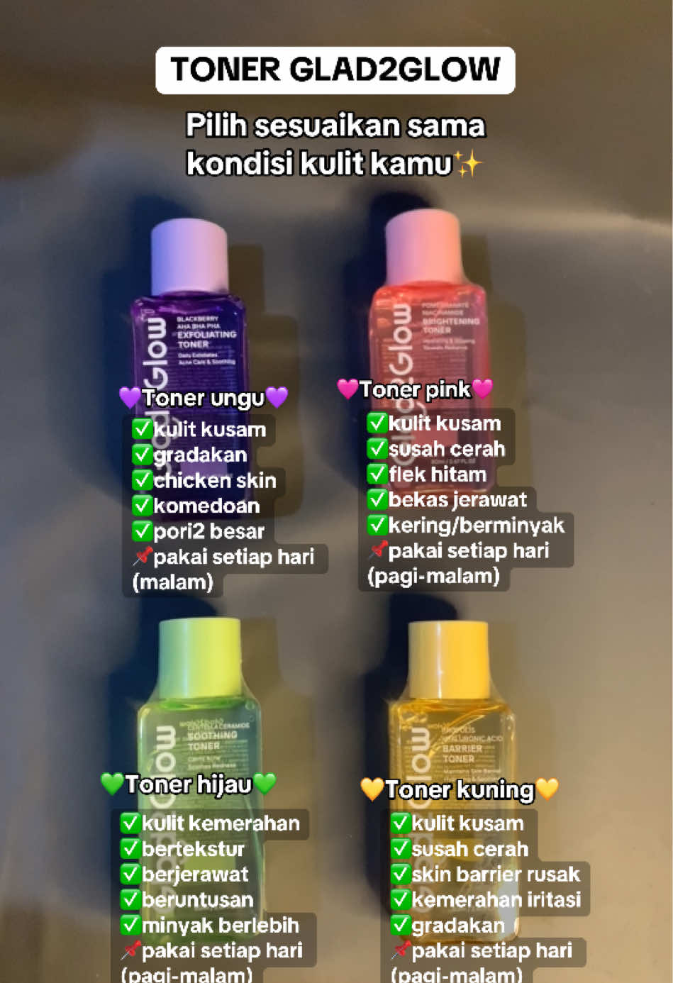 Rekomendasi toner dari glad2glow. Pilih sesuaikan sama kondisi kulit kamu bestie✅ #glad2glow #glad2glowtoner #toner #skincaretips #paydaysale