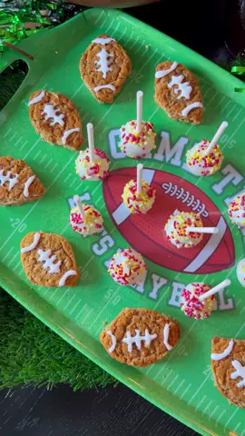 Oatmeal Cookie Footballs!🏈 Doesn’t get any easier than this for a game day treat!! Just cut out football shapes and draw on football laces with white icing!  Use the leftovers mixed with a little vanilla frosting for cookie pops! Roll into balls, insert stick, and dip into melted white chocolate. Top with team color sprinkles!  #EasyRecipes #gamedayfood #superbowlrecipes #Superbowlfood #superbowlideas 