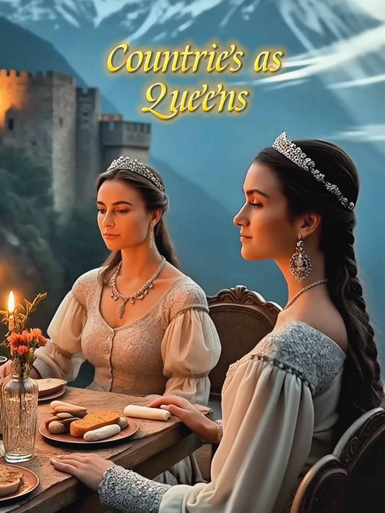 COUNTRIES AS QUEENS AT BANQUETS 👑🍷🍇 Regal queens at grand banquets, surrounded by opulent feasts and timeless elegance. A celebration of royal luxury! ✨🌟 #midjourneyart #aiartcommunity #digital art #countries #queens #fantasyart #royallife #banquetvibes