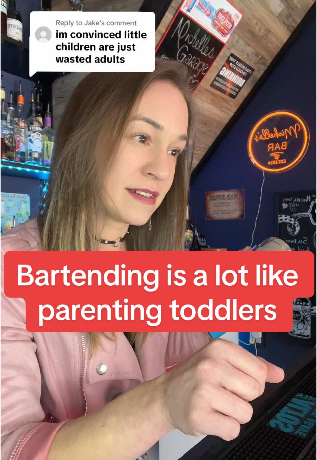 Replying to @Jake part 1 of bartending and parenting have a lot in common😅 Toddlers ARE like little drunk people😂 #bartender #toddlermom #bartendermom 