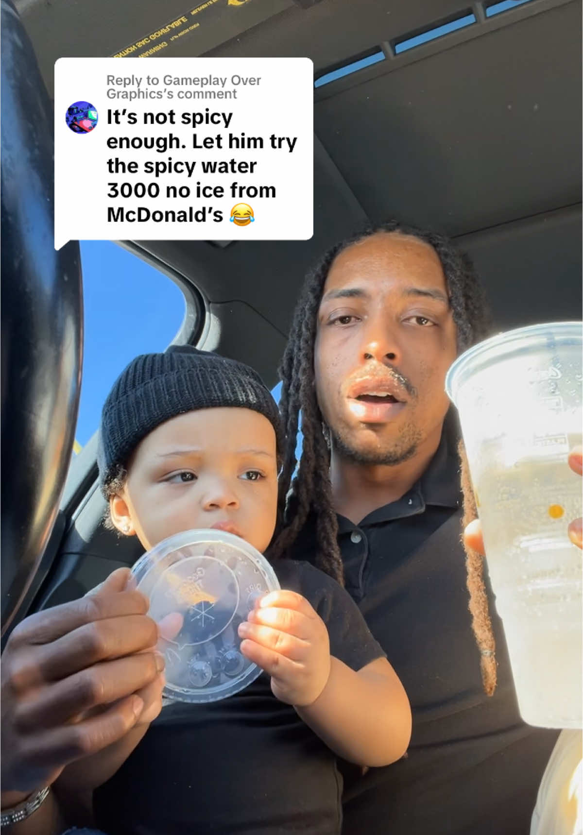 Replying to @Gameplay Over Graphics  Spicy Water 3000 No ice 😂 @McDonald’s  #babyboy #funny #baby #son #daddy #food #fatherson #BabyGreesko #GreeskoMakaro 
