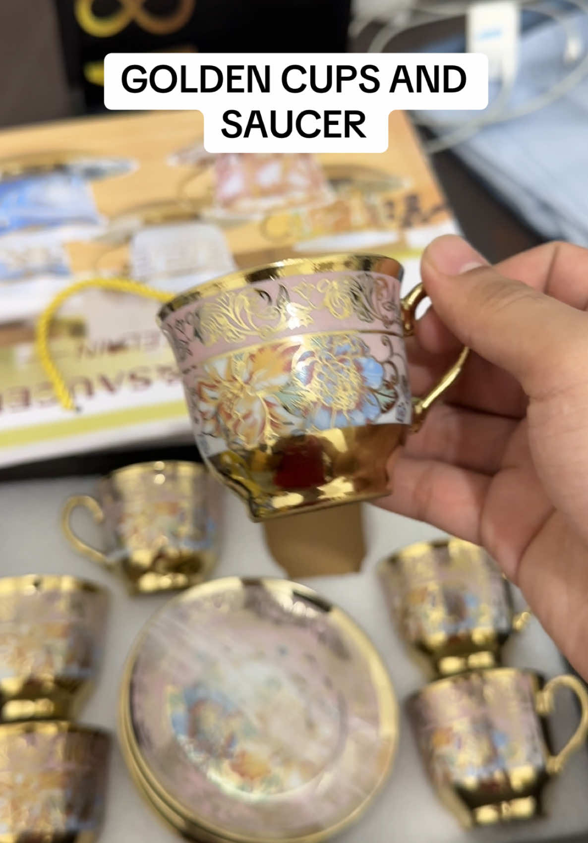 Golden cups and saucer, may paper bag na, perfect pang guft and all