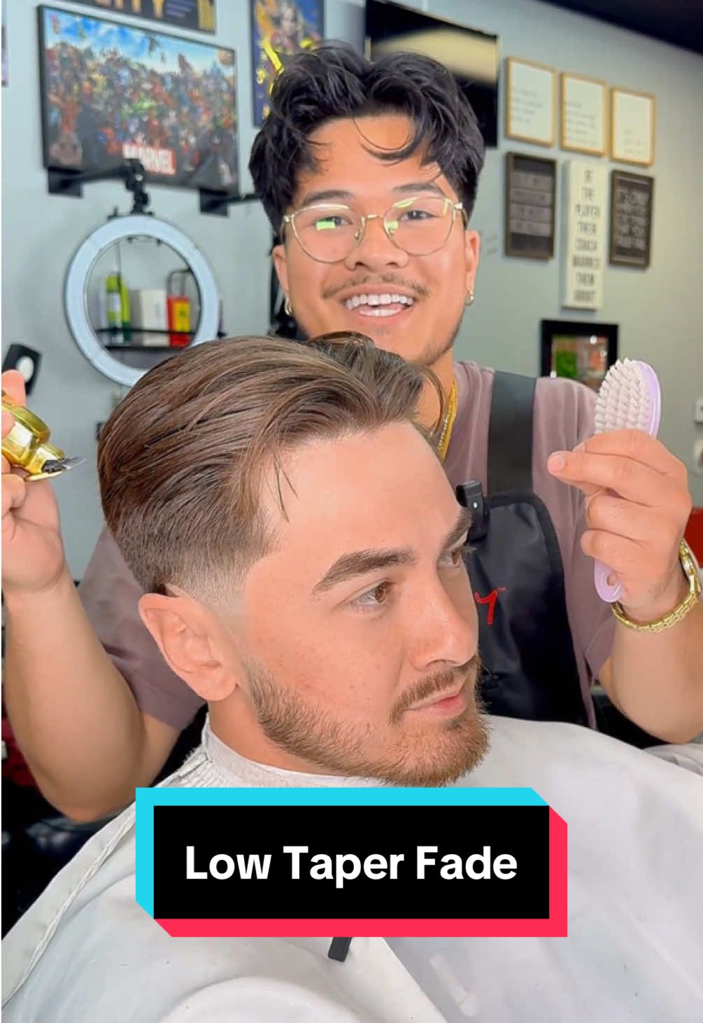 Low Taper Fade The low taper fade is perfect for this head shape. It allows for more darkness to show contrast to the fade. The brushback is a versatile haircut for straight hair. #iebarber #lowfade #lowtaperfade #straighthair #dropfade