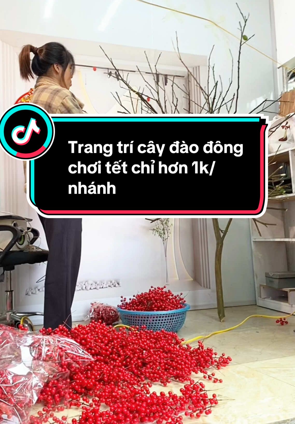 Trang trí cây đào đông đỏ may mắn, tài lộc đầu năm