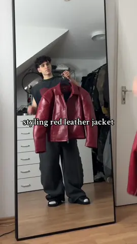red + green easiest combo #OOTD #baggyjeans #outfitinspo #leatherjacket 