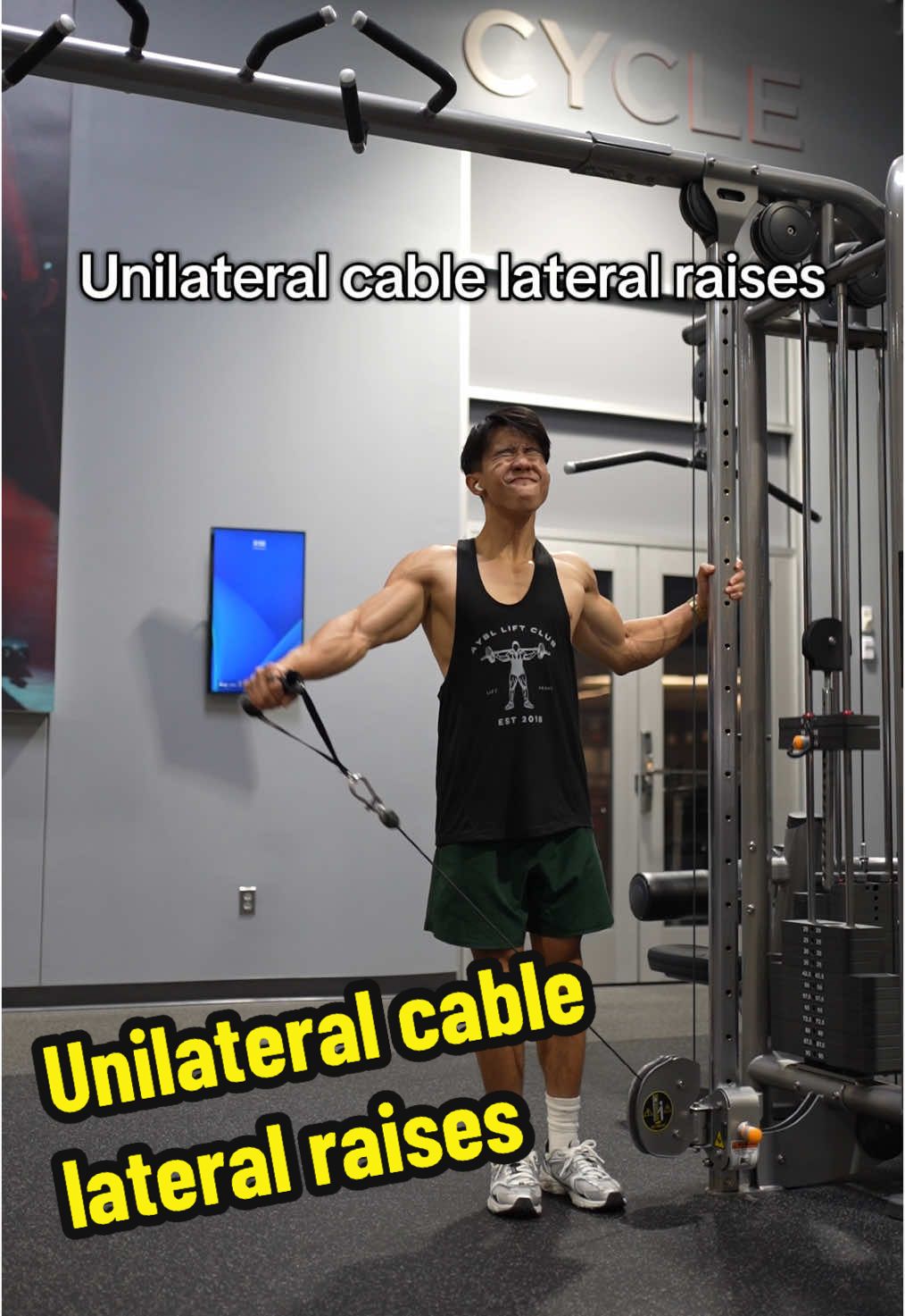 The advantage of using cables on lateral raises is that you can manipulate the resistance profile of the movement based off of the height of the cables. And a way to make the cable lateral raise stretched focused is by raising the height of the cables to hand height. #fyp #Fitness #gym #bodybuilding 