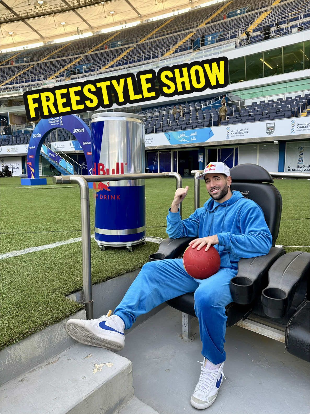 “Who will win the Gulf Cup? 🇮🇶🇰🇼🇶🇦🇴🇲🇸🇦🇦🇪🇧🇭🇾🇪 Redbull Kuweit brought me For the Khaleejizain Cup opening ceremony at the iconic Jaber Al Ahmad Stadium, it was Kuwait 🇰🇼 vs Oman 🇴🇲, and I had to represent in a Kuwait shirt! An unforgettable experience performing on this stage! ⚽✨ #Urbanball #GulfCup #KhaleejZainCup”