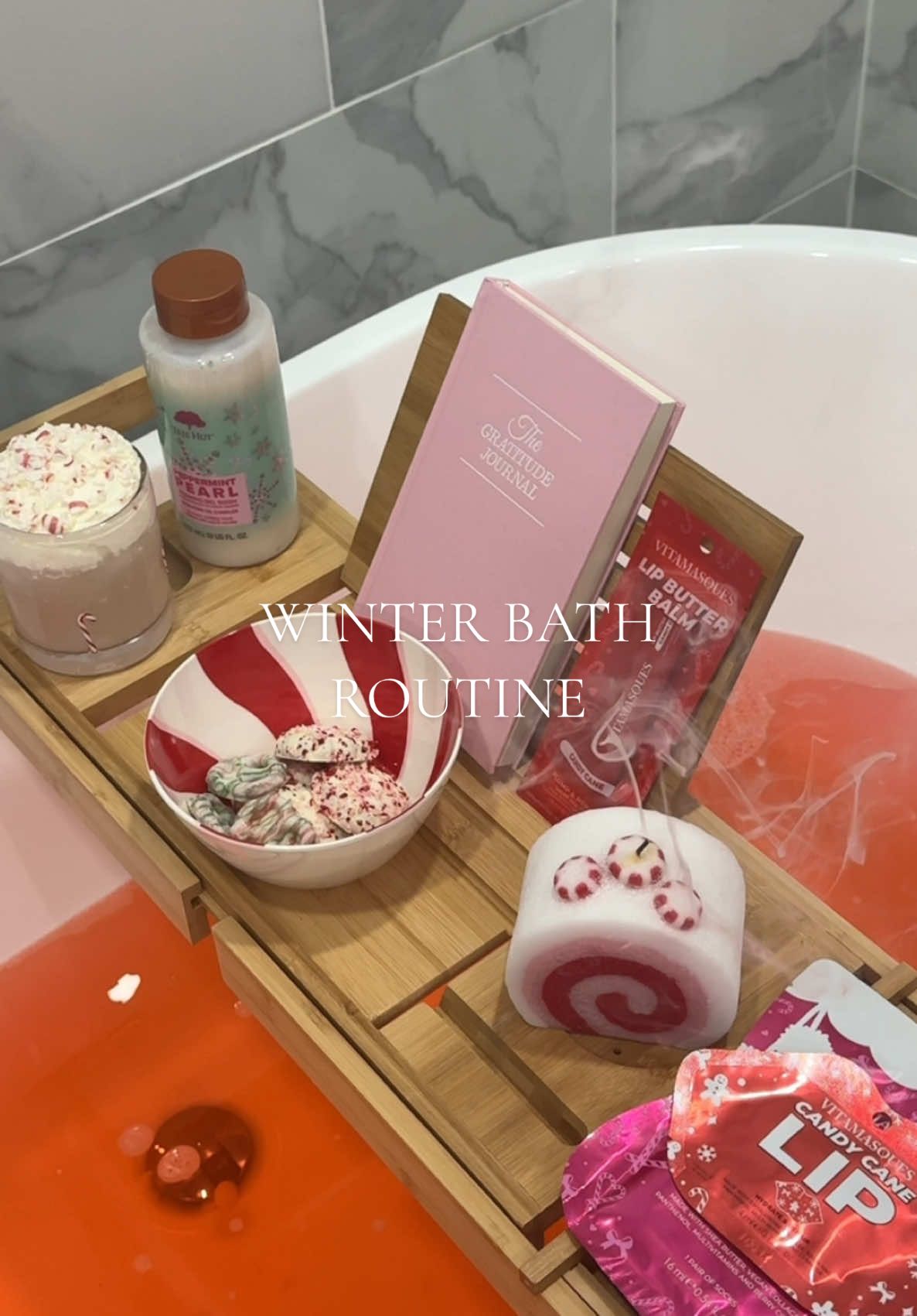 Pov: it is cozy bath season❄️🫧 🍭candy cane wonderland themed🛁🍬 #winter #bath #SelfCare #asmr #selfcareroutine #relaxing #cozy #bathtime #thatgirl #aesthetic #fyp @Tree Hut @target  