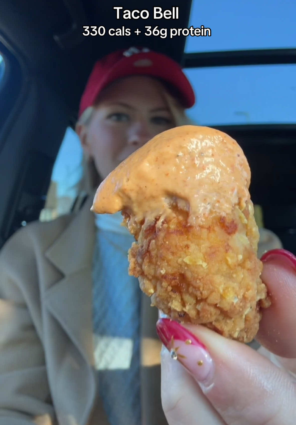 Taco Bell’s NEW chicken nuggets🌮🔔 (330 cals + 36g protein)  Order:  -5 piece chicken nugget (comes with 1 signature sauce)  -1 Large Sugar-free Baja Blast  **Each sauce adds 210 cals. My favs in order- Jalapeño honey mustard, Fire ranch, then Bell sauce.** #tacobell #chicken #nugget #sauce #baja #fastfood #order #protein #caloriedeficit #transformation #menu #hack #new #viral #lowcalorie #lunch #togo #pcos #journey 
