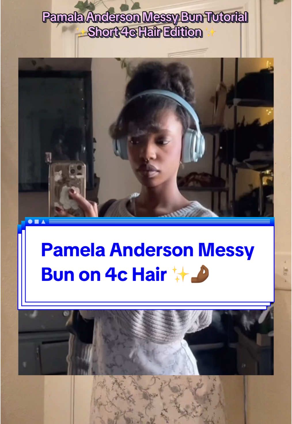 Pamela Anderson Messy Bun on 4c hair in steps: 1. Pony tail 2. Curl bangs 3. Bump ends 4. Fluff & Bobby pin ✨🤌🏾 #hairtutorial #BlackTikTok #blacktok #finalikefairy #short4chair #shortcurlyhair #shorthair #pamelaandersonbun #curlyhairmessybun #messybun #pamelaandersonhairtutorial #pamelaandersonhair #4chairstyles #real4chair #kinkyhair #curlyhair #4chair #naturalhair #naturalhairtiktok #naturalhairstyles 