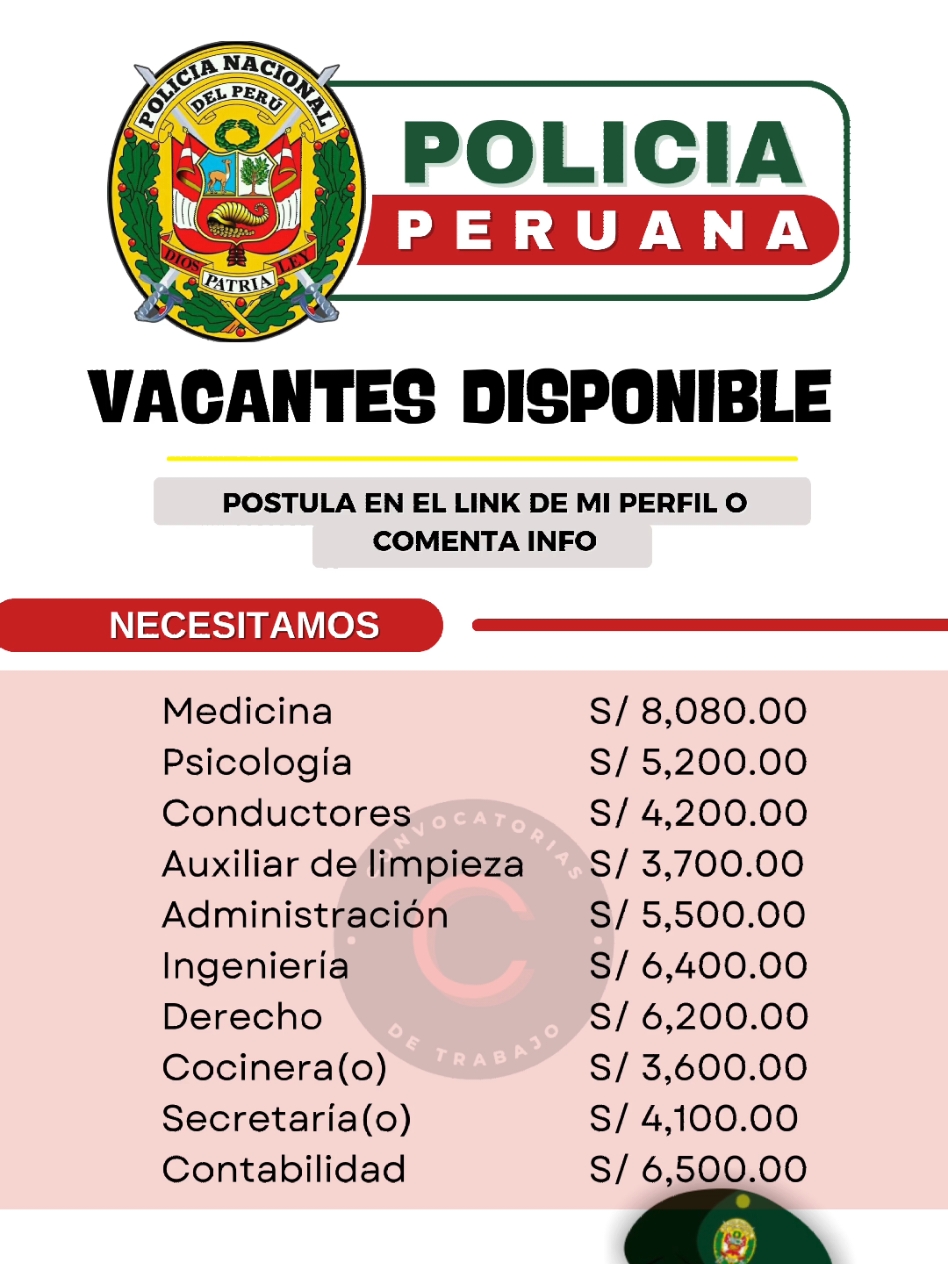 📢 LA POLICÍA NACIONAL DEL PERÚ ABRE SU GRAN CONVOCATORIA LABORAL 🛡️🇵🇪   🔹 ¡Únete a las filas de quienes protegen y sirven a nuestro país!   ✔️ Vacantes a nivel nacional   ✔️ Beneficios de ley asegurados   ✔️ No necesitas experiencia previa   ✔️ Crecimiento profesional garantizado   📍 Postula desde el link en mi perfil o comenta info para más detalles. ¡Es tu momento de ser parte del cambio!   #ConvocatoriaLaboral #PNP #EmpleoPerú #VacantesDisponibles #trabajaya #bolsadetrabajo #estabilidadlaboral #convocatorialaboral #convocatoriasdetrabajo2 #trabajoduro #empleo #fyp #postulaya 