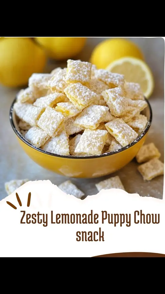 Zesty Lemonade Puppy Chow snack Ingredients: 9 cups Rice Chex cereal 3 tablespoons lemon juice 1 1/2 cups powdered sugar 1 1/2 cups white chocolate chips 2 tablespoons unsalted butter 2 tablespoons lemon zest (freshly grated) 1/2 cup lemon-flavored instant pudding mix Directions: Place the Rice Chex cereal in a large mixing bowl and set aside. In a microwave-safe bowl, combine the white chocolate chips, butter, lemon zest, and lemon juice. Microwave in 20-second intervals, stirring between each, until smooth and fully melted. Pour the melted lemon-chocolate mixture over the Rice Chex cereal. Gently fold until all the cereal pieces are evenly coated. In a large resealable plastic bag, combine the powdered sugar and lemon pudding mix. Add the coated cereal to the bag, seal, and shake well until the cereal is evenly coated in the sugary lemon mixture. Spread the puppy chow onto a baking sheet lined with parchment paper and allow it to cool completely. Transfer to a serving bowl or store in an airtight container. Cooking Time: 10 minutes | Servings: 8