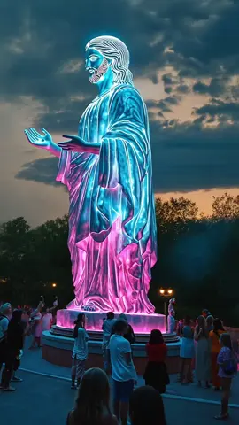 Behold this statue of Jesus coated with glow-in-the-dark pigments and set aglow at dusk in an outdoor park. Subtle neon hues radiate from His form, illuminating the crowd as they capture every stunning detail. In a world often overshadowed by worry and fear, let this brilliant tribute remind us that Christ is the Light who guides our steps, holds us close in every storm, and invites us to shine our faith boldly. #Jesus #LightInTheDarkness #Hope #Faith
