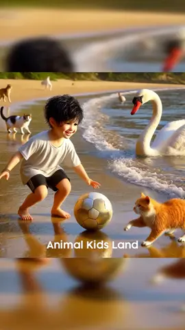 Anak kecil ini sedang bermain bola dipinggir pantai bersama kucingnya #cat #ai #fyp #sad #cute #catai #viral #foryourpage