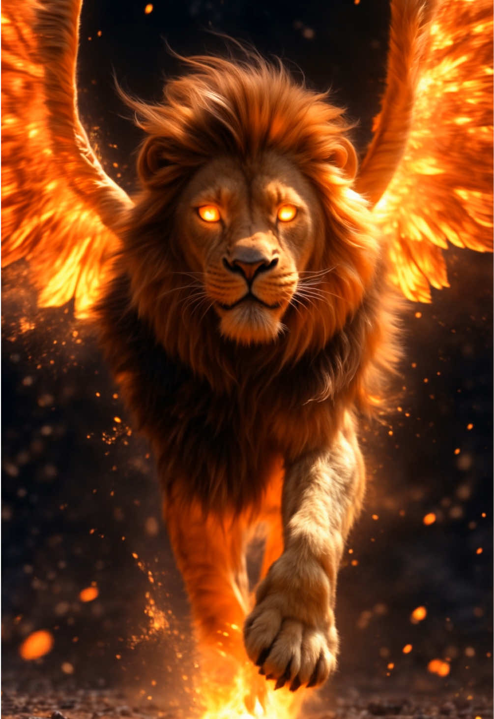 A powerful lion with massive wings, fierce and fiery, confidently walking towards the viewer, eyes burning with bright fire, mane made of flames, surrounding air glowing with heat and sparks, paws leaving trails of fire on the ground, dark and dramatic background, realistic style, detailed fur and wing textures, visually intense and epic atmosphere. #aiart #aicontent #aigenerated #wallpaper #livewallpaper 