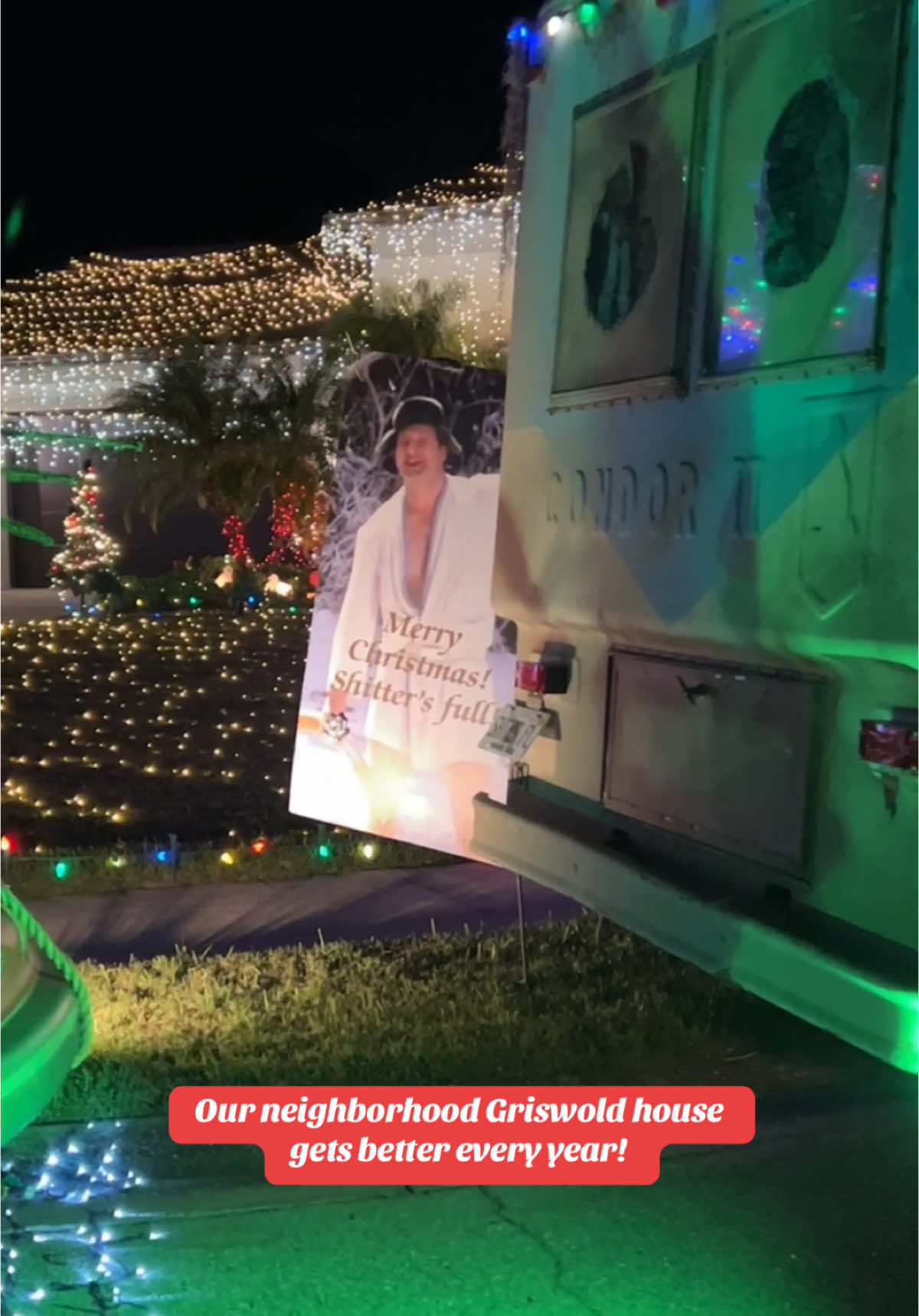 Our neighborhood Griswold house gets better every year! This year they added the CAR complete with tree on top 🎄! #christmasvacation #griswold #griswoldfamilychristmas 