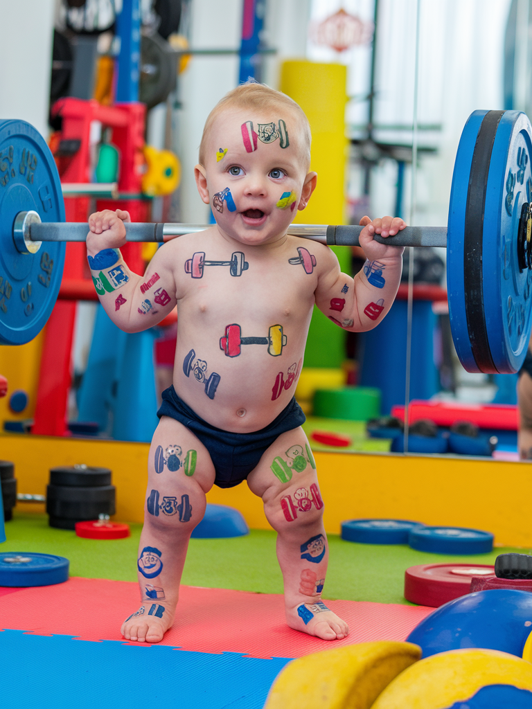 the child lifts the barbell with effort up to hes shoulders, looks at himself confidently in the mirror, and gives a cheerful flex with his tiny muscles #caughtoncamera #ai