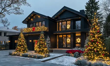 Merry Christmas! 🎄🎁 Happy Holidays!!! . Modern mansion black trim Christmas decorations red black green. Luxurious living. . . . . #ModernMansion #LuxuryRetreat #PeacefulLiving #peaceful #LuxuryEscape #MansionGoals #mansion #luxuryrealestate #DreamBig #elegant #LuxuryLifestyle #dreamhouse #dreamhome #luxury #dream #luxuryhomes #dreamhomegoals #empire #luxuryliving #luxurylife #christmas #decoration 