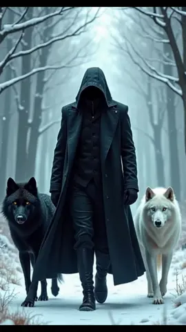 Wolfs and Man - A man in a black overcoat walks with his two wolves, one black and one white in the snowy jungle with snow falling on them #livewallpaper #livewallpapers #livewallpaper4k #4kwallpaper #papeldeparede #ai #aiart #aicommunity #aicontent
