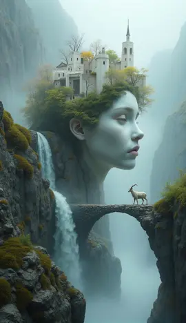 Paysage d'un rêve 💦 Dive into this surreal dreamscape where nature and imagination merge. A mystical fortress crowns a head emerging from misty cliffs, while a lone mountain goat crosses an ancient stone bridge beneath cascading waterfalls. Ethereal blending of fantasy, aesthetic and reality. #dreamcoreaesthetic #darkaesthetic #darkambient #mysticalart #natureart #mountainscape #naturevibe  #aianimation #livewallpaper 🎵øneheart - outside