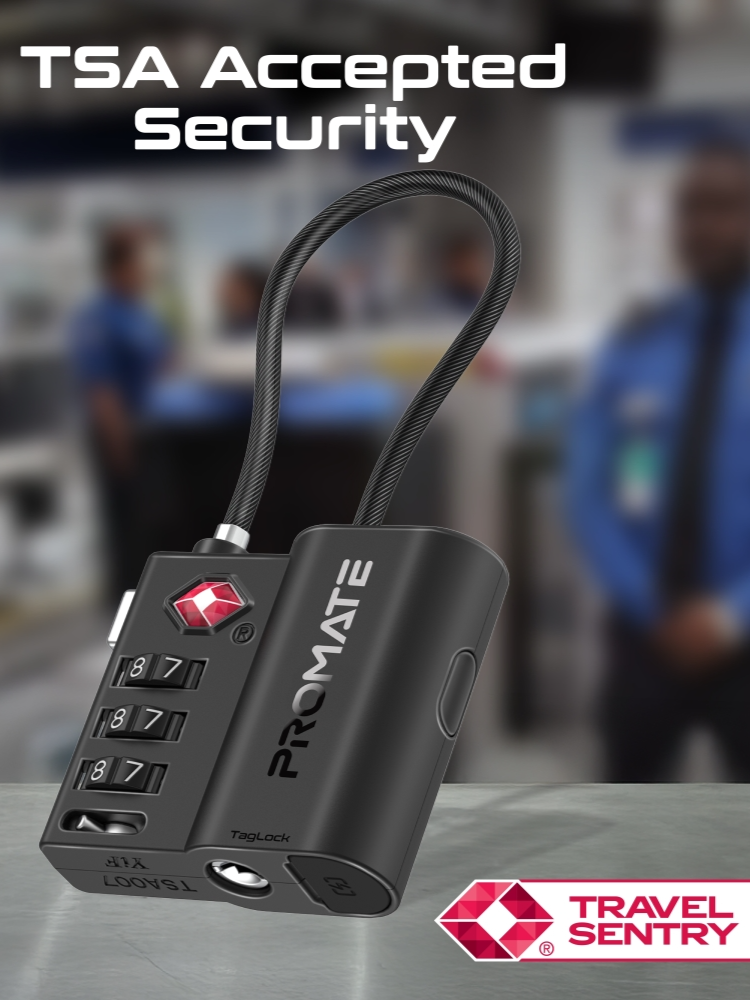 Promate TagLock قفل الأمتعة بتقنية TSA مع تتبع ذكي، حيث يمكنك تحديد موقع أمتعتك بسهولة باستخدام تطبيق Apple Find My لضمان أمانها في أي مكان  يعمل مع  سيري Siri