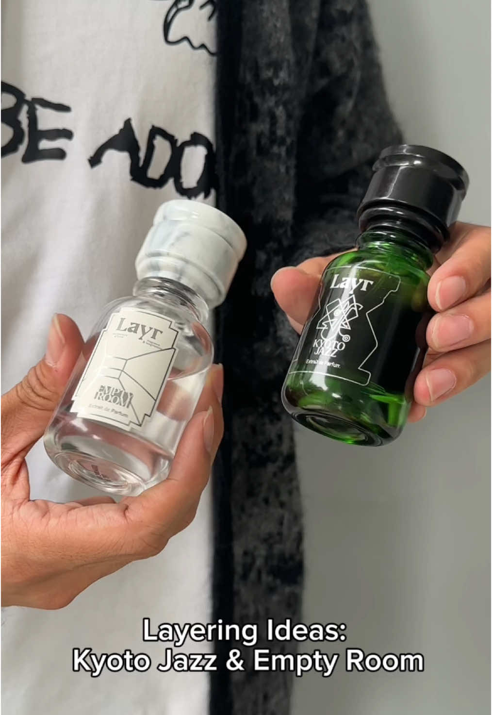 Layering is in! These two smells like bitter matcha but there's a hint of sweetness at the end. ✨🍵 #LayrFragrance #KyotoJazz #EmptyRoom 