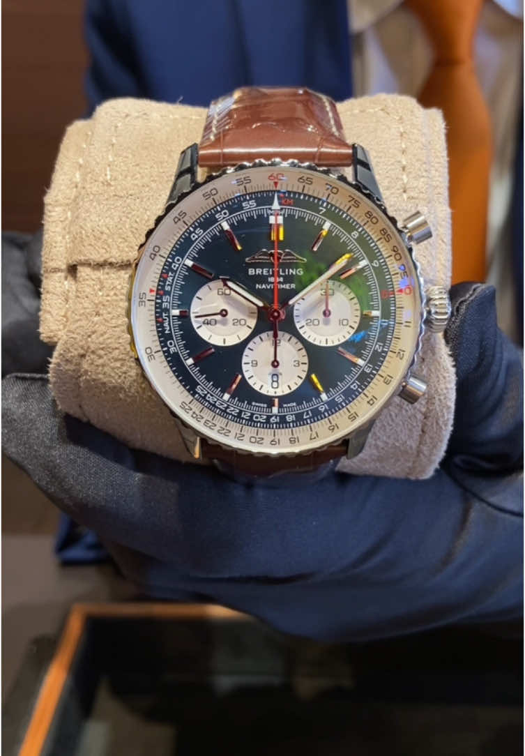 This stunning timepiece features a striking blue dial, a robust 44mm stainless steel case, and a luxurious alligator leather strap. With its chronograph function and water resistance up to 200 meters, it’s perfect for both adventure and sophistication. #Breitling #LuxuryWatch #WatchLovers #Timepiece #navitimer #navitimerb01 #GiftIdeas #luxuryUnboxing #WatchOfTheDay #breitlingsquad #140years