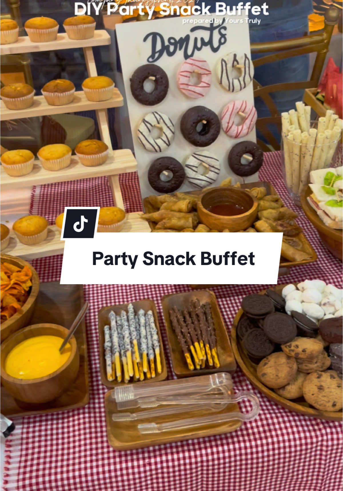DIY Party Snack Buffet Idea ✨ Lovin’ my donut wall using the Wooden Donut Wall Display i got here for only ₱77 🍩😍  #snack #partysnack #buffet #snackbuffet #DIY #desserttable #sweetstable #dessertsbuffer #fypシ #fypシ゚viral #fypage #foryou #foryoupage 