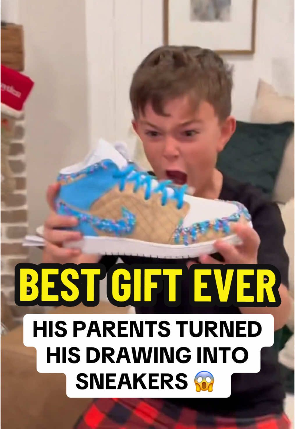 His parents turned his drawing into a REAL pair of shoes 😱 @Neeks Custom Sneaks #sneakers #custom #art #gift #xmas #christmas #wholesome #cute #shoes #kidsoftiktok #parentsoftiktok 