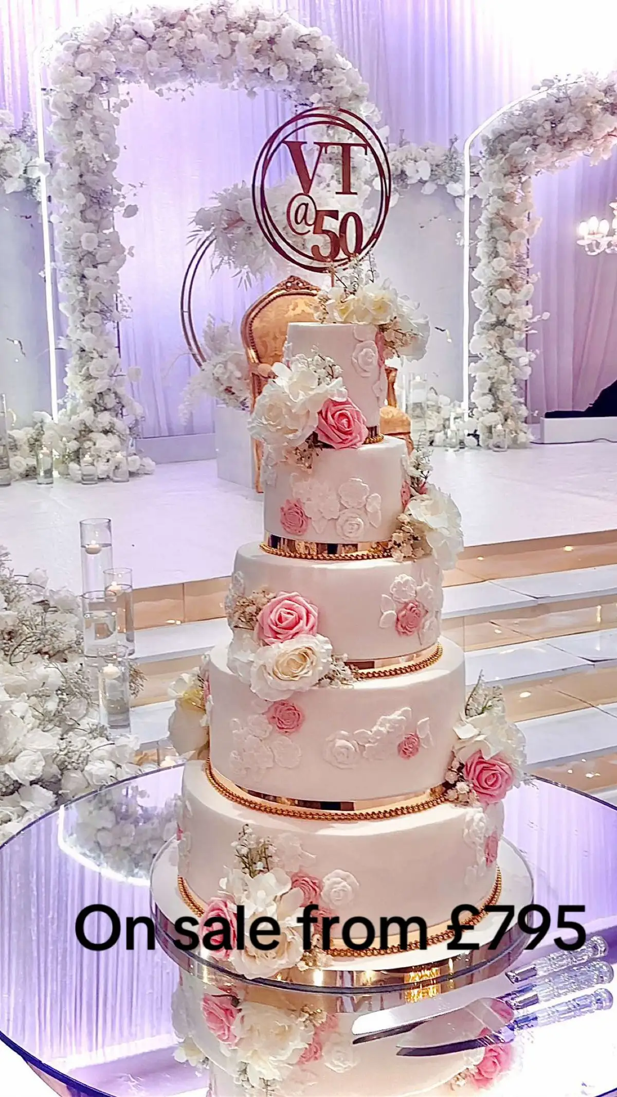 Offer from 28th December - 13th January 2025  Option 1  5 tier grand sized cake  5.8.11.14.17inch  Top 3 real serving 130  Bottom 2 fake  Price £995  On sale for £795  Option 2 5 tier grand sized cake  5.8.11.14.17inch  Top 4 real  serving 280 guests  Bottom fake  Price £1095 On sale for £895  Option 3  5 tier grand sized cake  5.8.11.14.17inch  All real serving 440 guests  Price £1195 On sale for £995