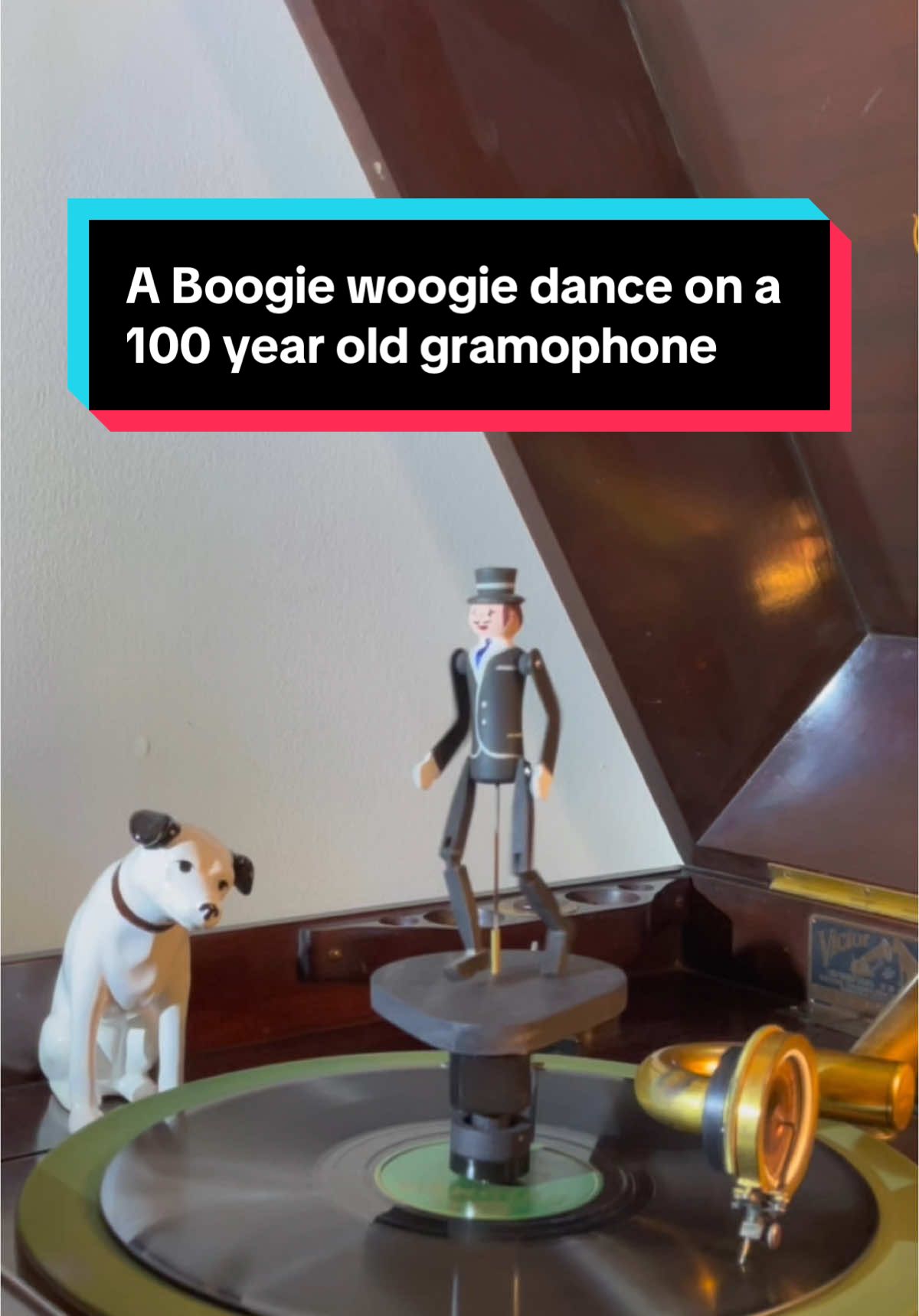 Featuring this dancing toy which is used on antique 100 year old gramophone that play 78 RPM records #phonograph #vintage #records #music #boogie #fyp #antique #gramophone 