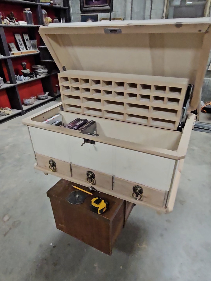 sneak peek at the apothecary puzzle chest. this one should be finished in the next week or so.  #apothecary #puzzle #furniture #hiddencompartment #furnituremaker #handmade #BookTok #mistborn #readyplayerone #goodomens #lotr 